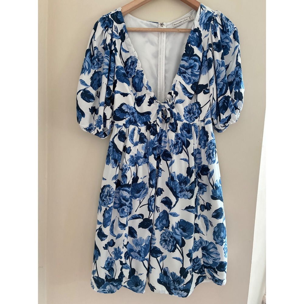 Abercrombie & Fitch Blue White Floral Puff Sleeve Tie Front Mini Dress XS